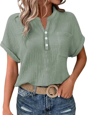 Linen Shirts for Women Cotton Linen Tops Rolled Cuffed Short Sleeve Blouse Ladies Summer Casual V Neck Beach Tops