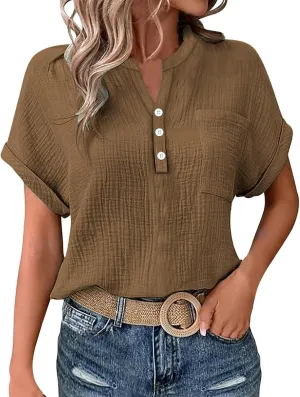 Linen Shirts for Women Cotton Linen Tops Rolled Cuffed Short Sleeve Blouse Ladies Summer Casual V Neck Beach Tops
