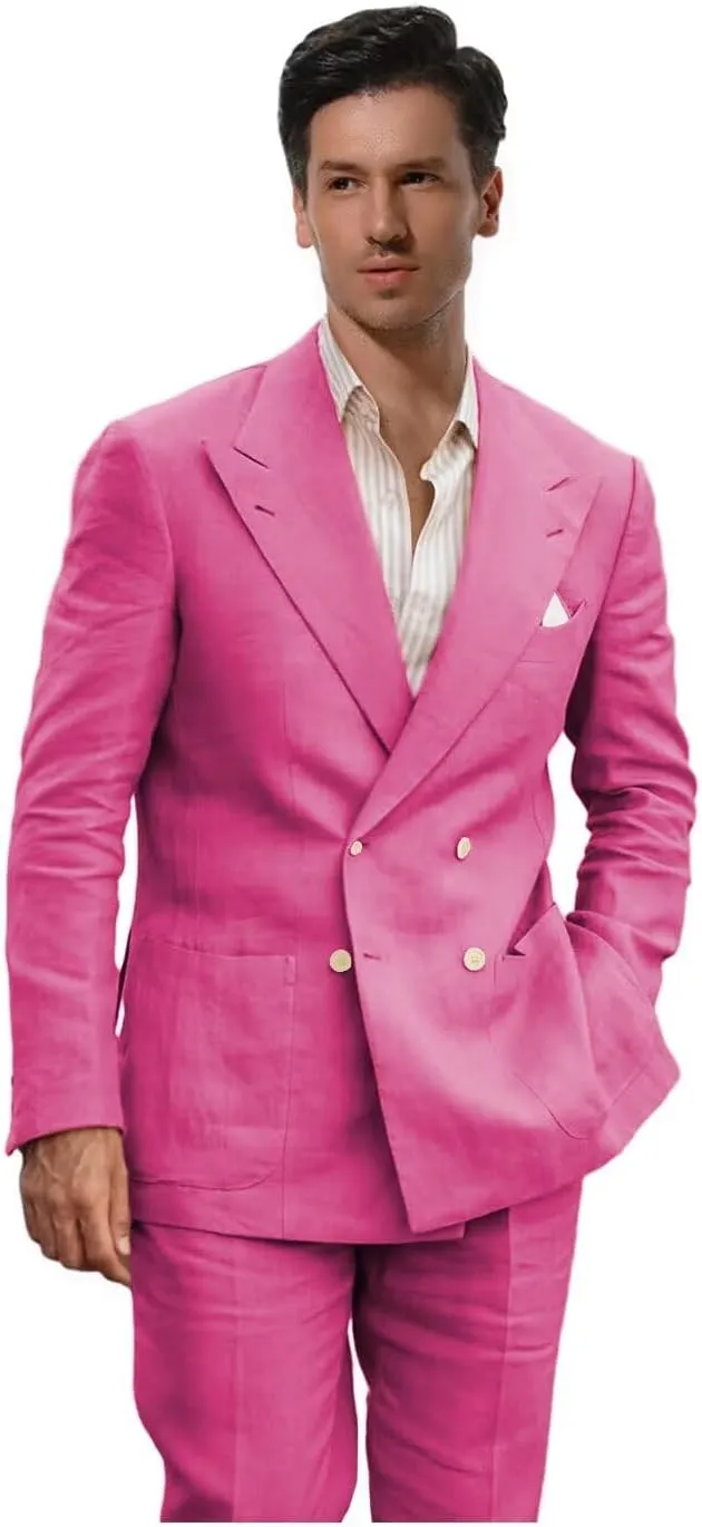 Linen Suits for Men Wedding Double Breasted Suit Men Regular Fit Tuxedos 2 Piece Light Weight Blazer Pants for Beach
