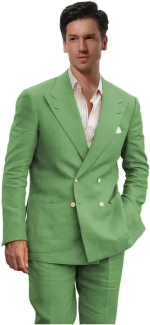 Linen Suits for Men Wedding Double Breasted Suit Men Regular Fit Tuxedos 2 Piece Light Weight Blazer Pants for Beach