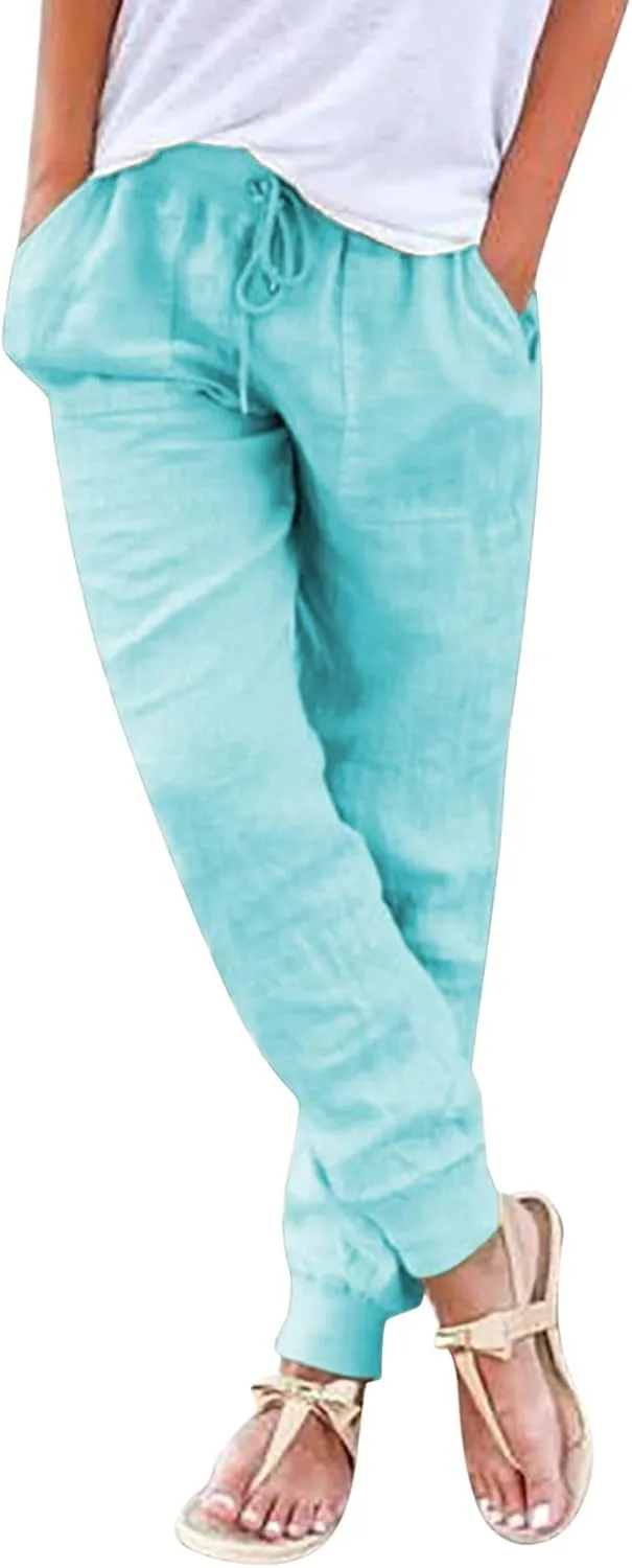 Linen Tapered Pants Women Drawstring Elastic Waist Casual Trousers with Pockets Straight Leg Loose Comfy Sweatpants
