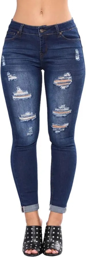 LONGBIDA Women's Stretch Ripped Jeans Skinny Distressed Destroyed Cuffed Denim Pants