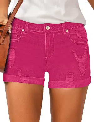 LookbookStore Women Summer High Waisted Sewn Cuffed Hem Buttons Denim Jean Shorts High Rise Womens Jorts Y2K Denim Short Jeans Hot Pink Size XL