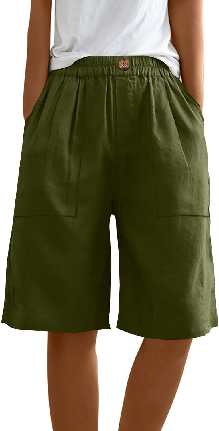 Lounge Shorts for Womens Summer Trendy Loose Solid Color Comfy Cropped Pants Stretch Waisted Knee Length Pockets Short