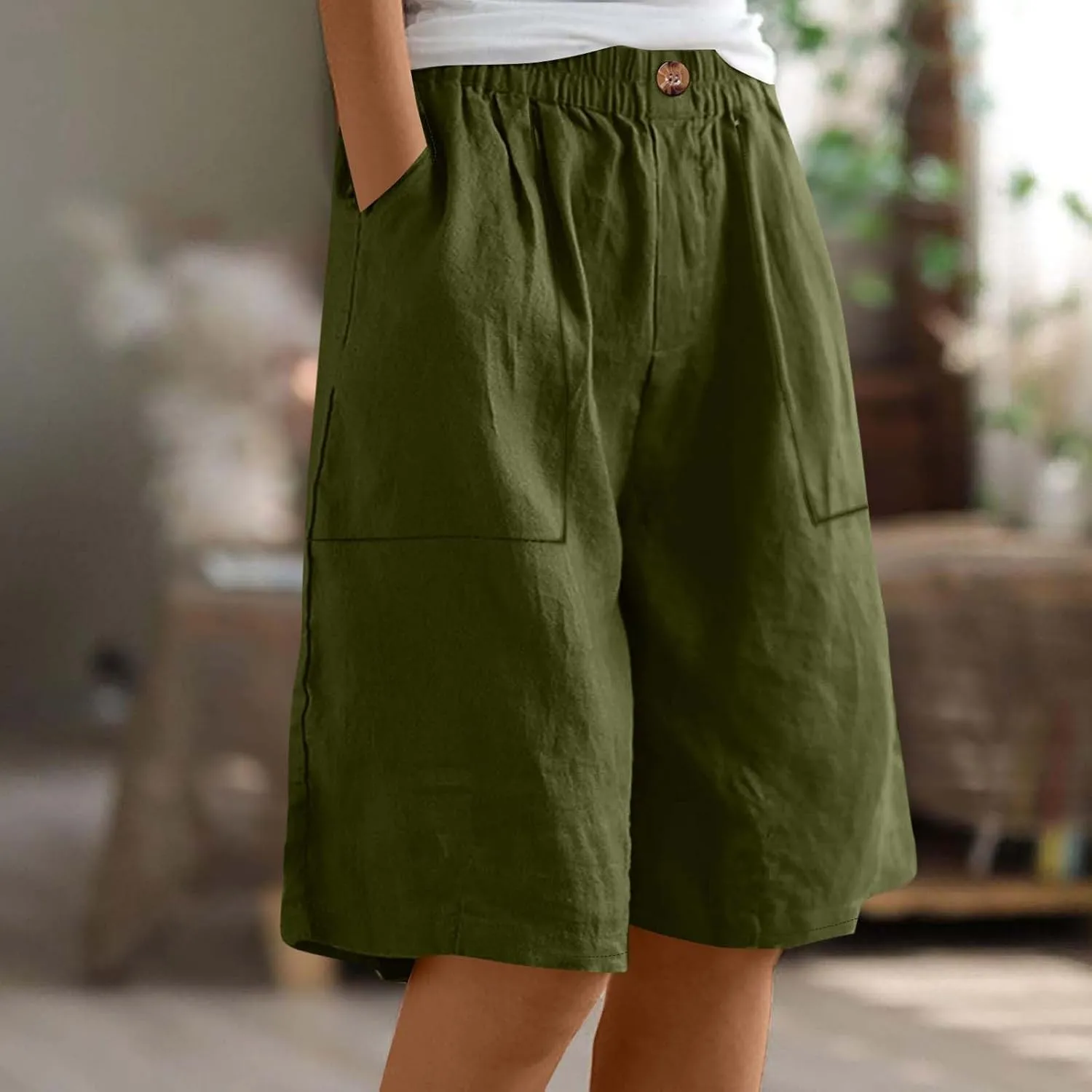 Lounge Shorts for Womens Summer Trendy Loose Solid Color Comfy Cropped Pants Stretch Waisted Knee Length Pockets Short