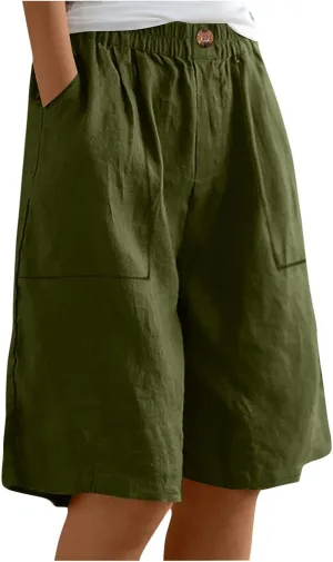 Lounge Shorts for Womens Summer Trendy Loose Solid Color Comfy Cropped Pants Stretch Waisted Knee Length Pockets Short