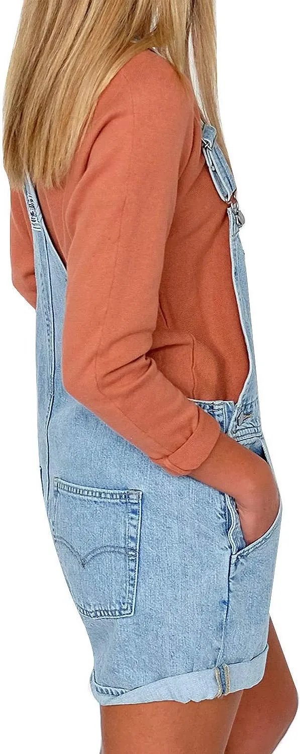 luvamia Women's Casual Adjustable Strap Cuffed Hem Denim Bib Overalls Shorts Romper