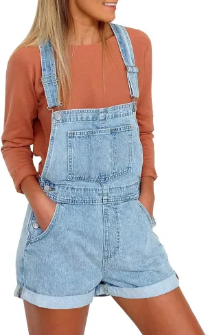 luvamia Women's Casual Adjustable Strap Cuffed Hem Denim Bib Overalls Shorts Romper