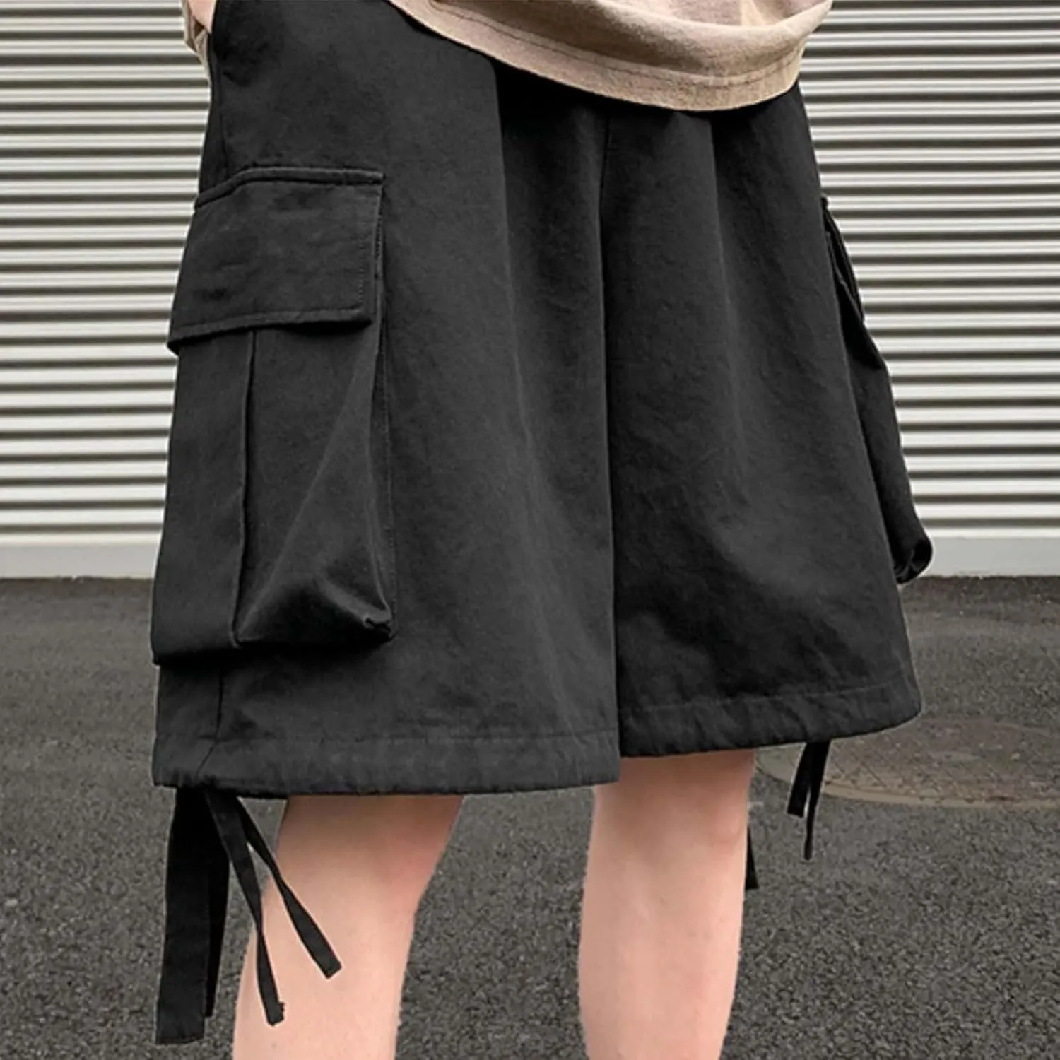 Men Shorts Summer Casual Loose Large Pocket Retro Utility Cargo Shorts with Ribbon Detail