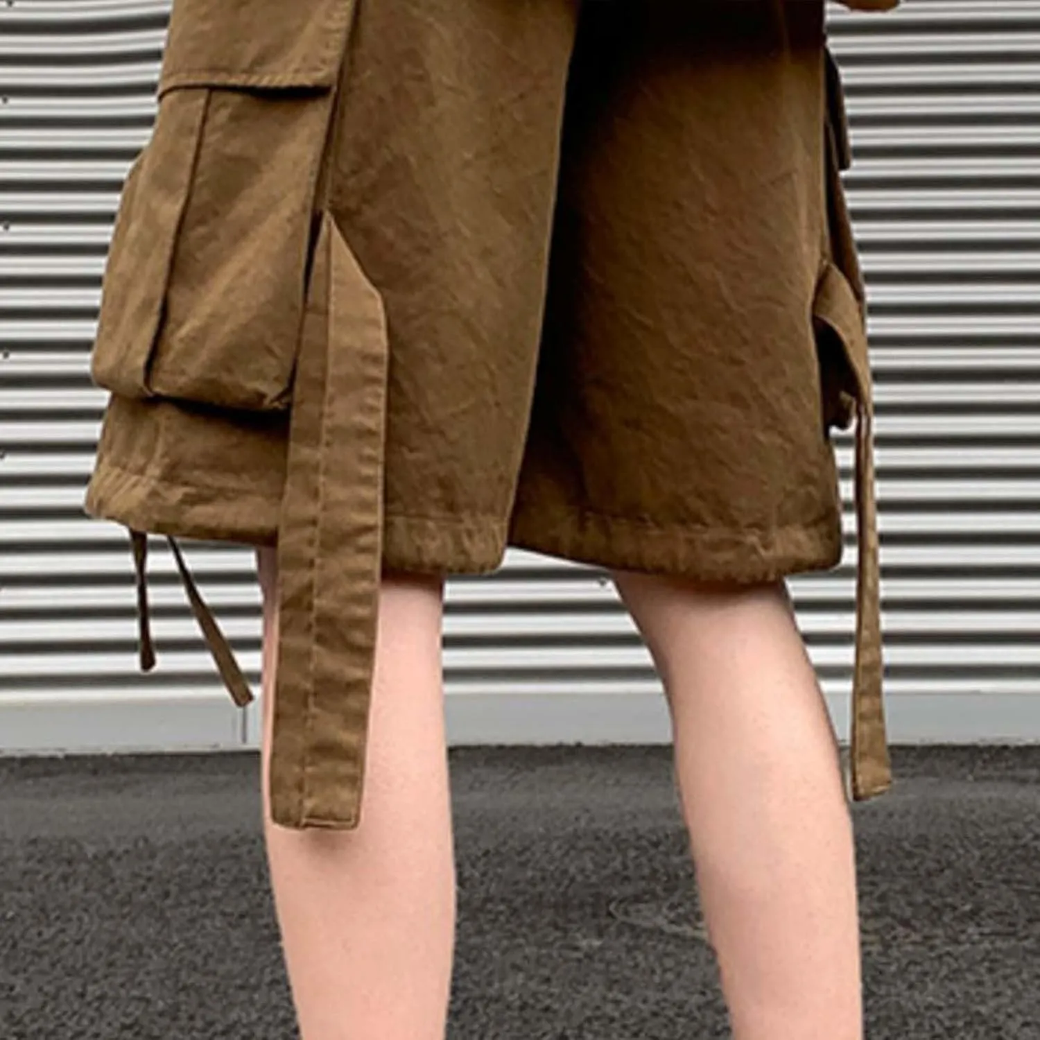 Men Shorts Summer Casual Loose Large Pocket Retro Utility Cargo Shorts with Ribbon Detail