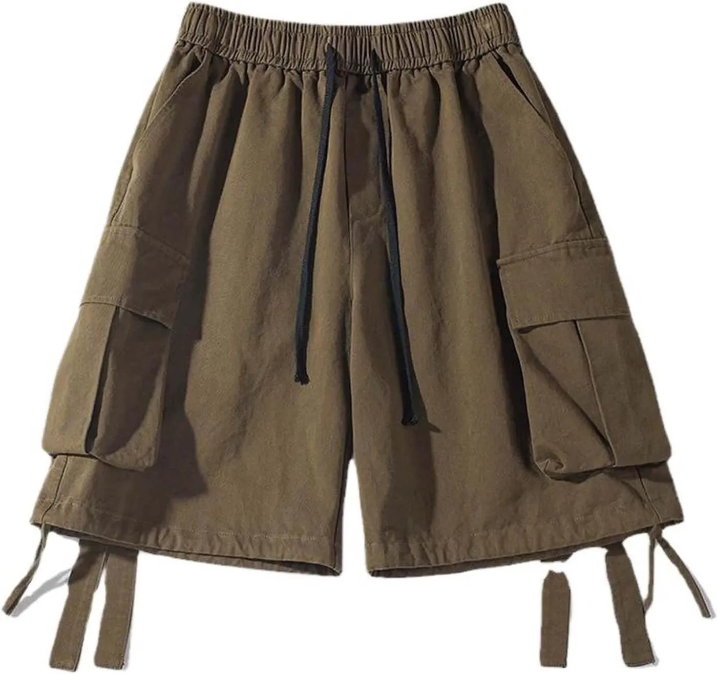 Men Shorts Summer Casual Loose Large Pocket Retro Utility Cargo Shorts with Ribbon Detail