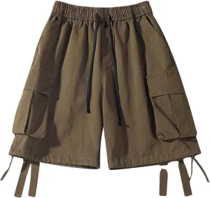 Men Shorts Summer Casual Loose Large Pocket Retro Utility Cargo Shorts with Ribbon Detail