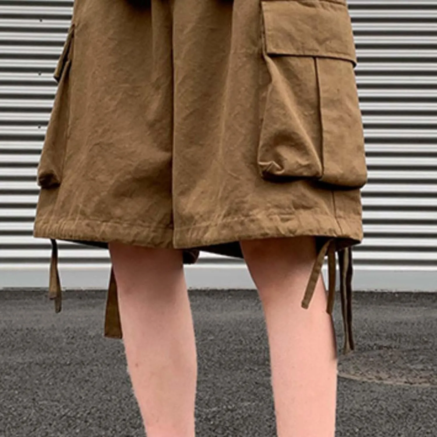 Men Shorts Summer Casual Loose Large Pocket Retro Utility Cargo Shorts with Ribbon Detail