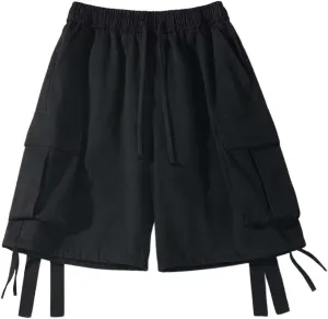 Men Shorts Summer Casual Loose Large Pocket Retro Utility Cargo Shorts with Ribbon Detail