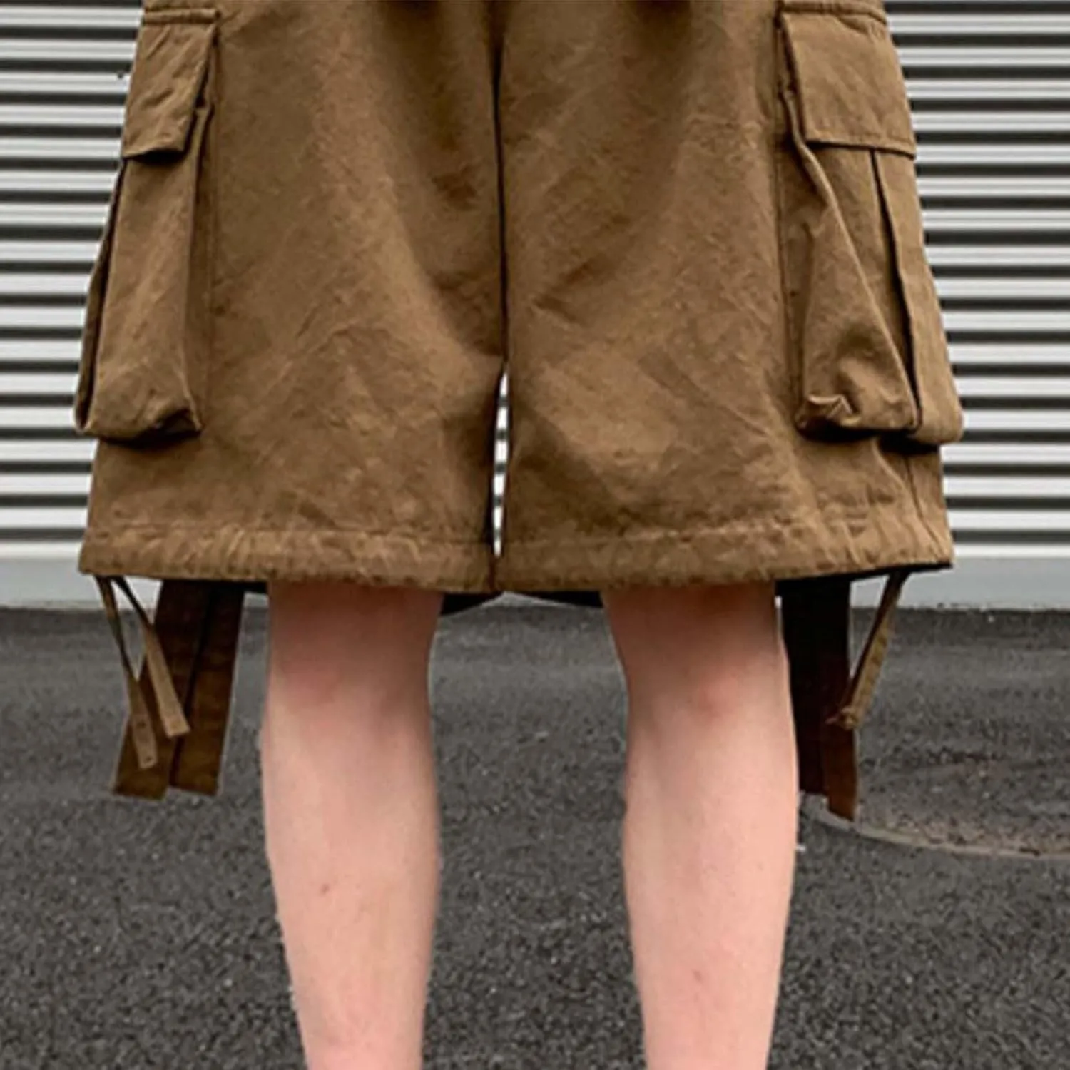 Men Shorts Summer Casual Loose Large Pocket Retro Utility Cargo Shorts with Ribbon Detail