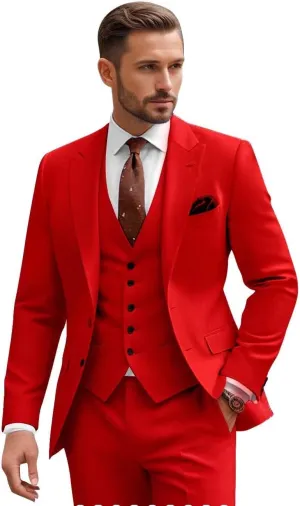 Men Slim Fit 3 Piece Suit Sets Wedding Suits 2 Button Blazer Peak Lapel Solid Suit Single Breasted Vest & Pants