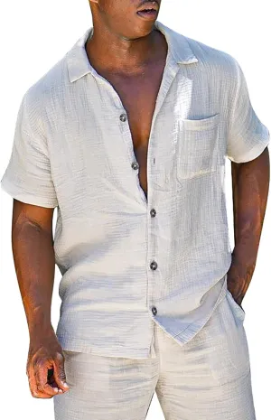 Men's 2 Piece Linen Set Short Sleeve Turn Down Collar Shirts With Pocket And Shorts Summer Beach Pants Suet Suit