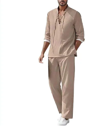 Men's 2 Pieces Cotton Linen Set Long Sleeve Shirts Casual Beach Pants With Pockets Summer Yoga Outfits Slim Fit