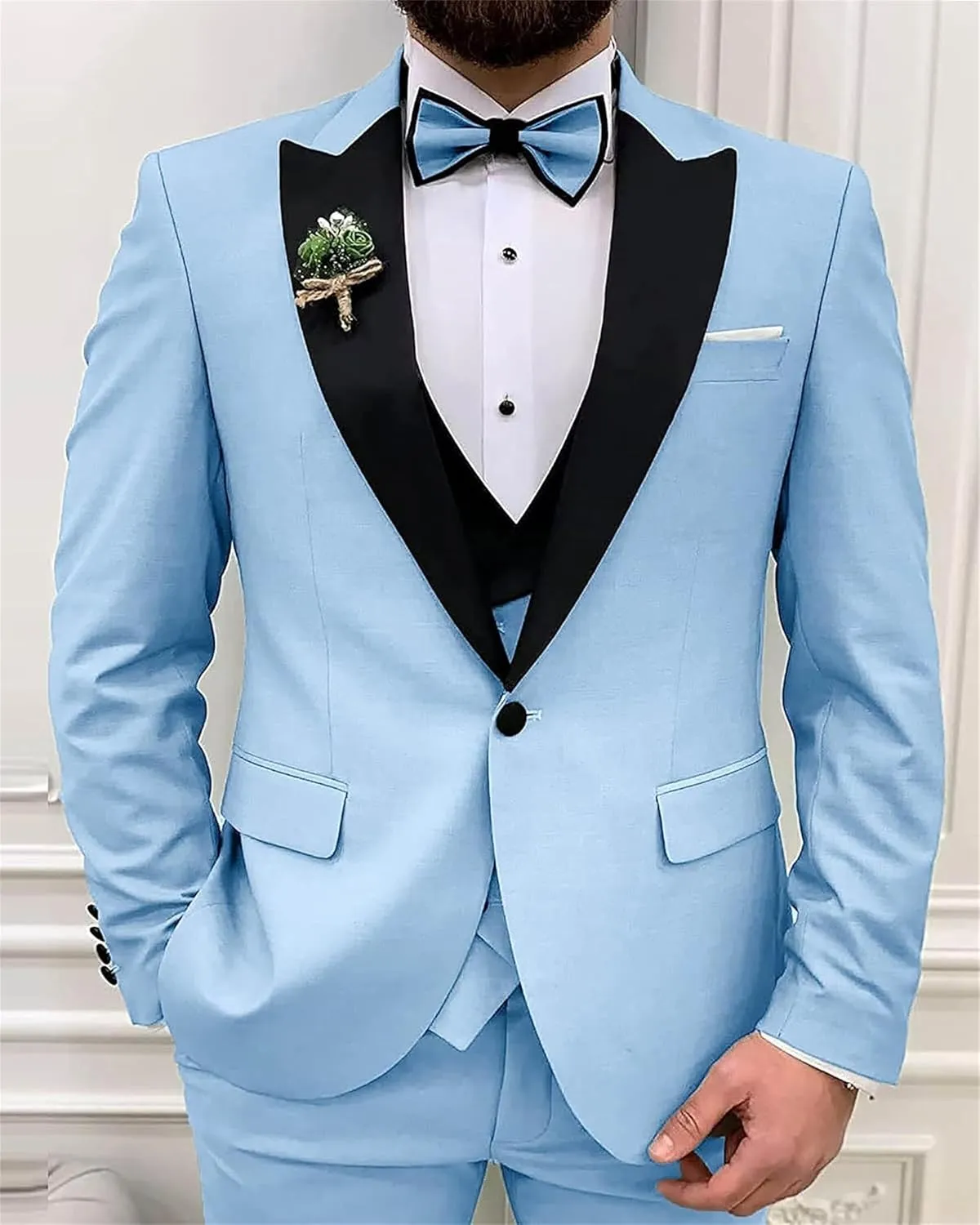 Mens 3 Piece Suit Blazer, Slim Fit Tux with One Button, Jacket Vest Pants & Tie Set for Party, Wedding and Business