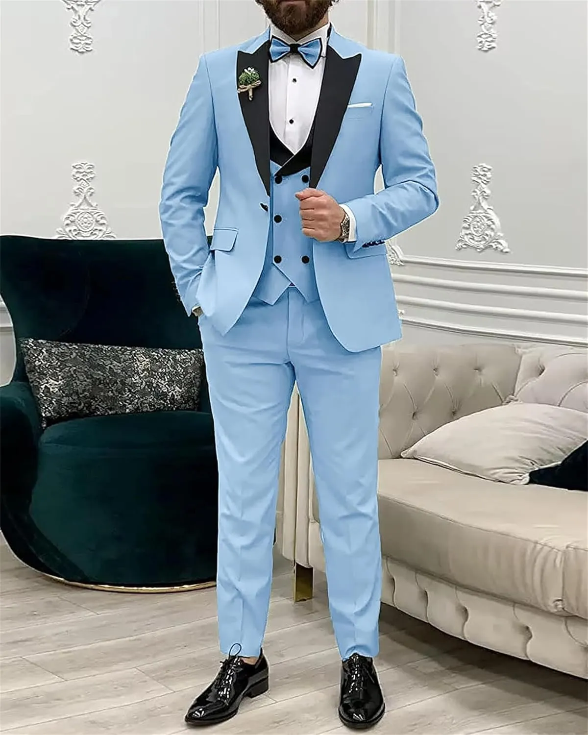 Mens 3 Piece Suit Blazer, Slim Fit Tux with One Button, Jacket Vest Pants & Tie Set for Party, Wedding and Business