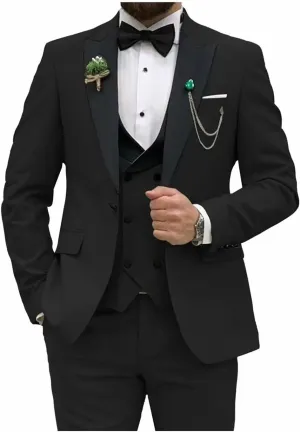 Mens 3 Piece Suit Blazer, Slim Fit Tux with One Button, Jacket Vest Pants & Tie Set for Party, Wedding and Business