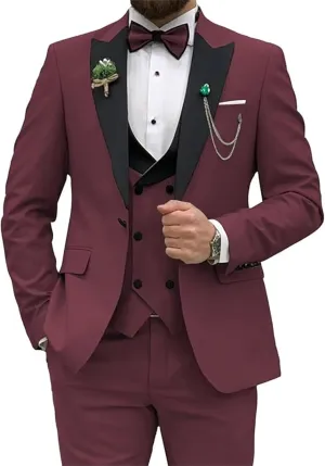 Mens 3 Piece Suit Blazer, Slim Fit Tux with One Button, Jacket Vest Pants & Tie Set for Party, Wedding and Business
