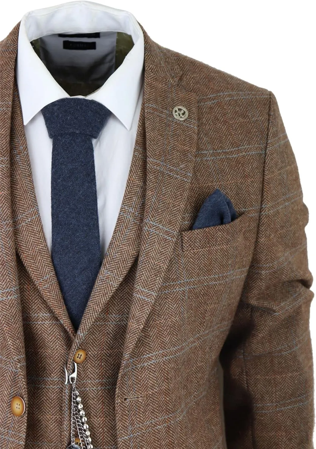 Men's 3 Piece Suit Wool Tweed Herringbone Tan Brown Blue Check 1920s Gatsby Formal Dress Suits