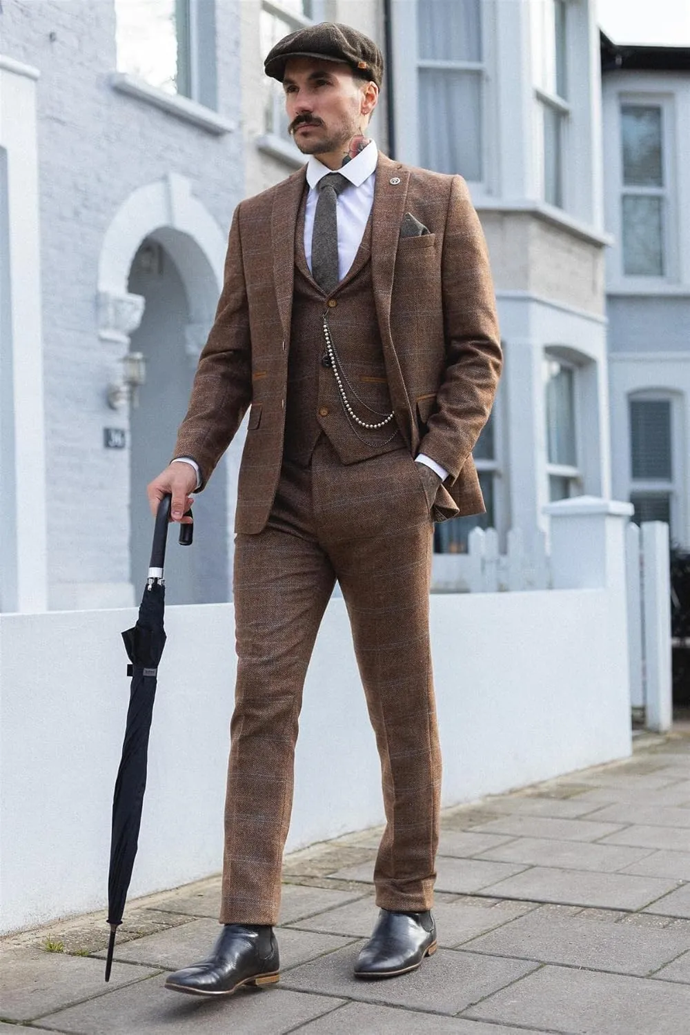Men's 3 Piece Suit Wool Tweed Herringbone Tan Brown Blue Check 1920s Gatsby Formal Dress Suits