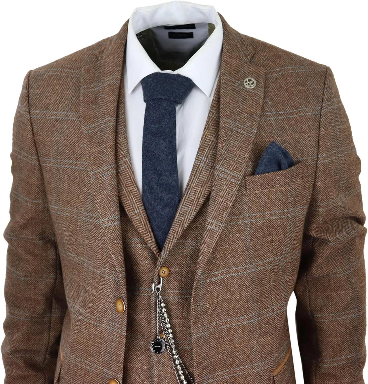Men's 3 Piece Suit Wool Tweed Herringbone Tan Brown Blue Check 1920s Gatsby Formal Dress Suits