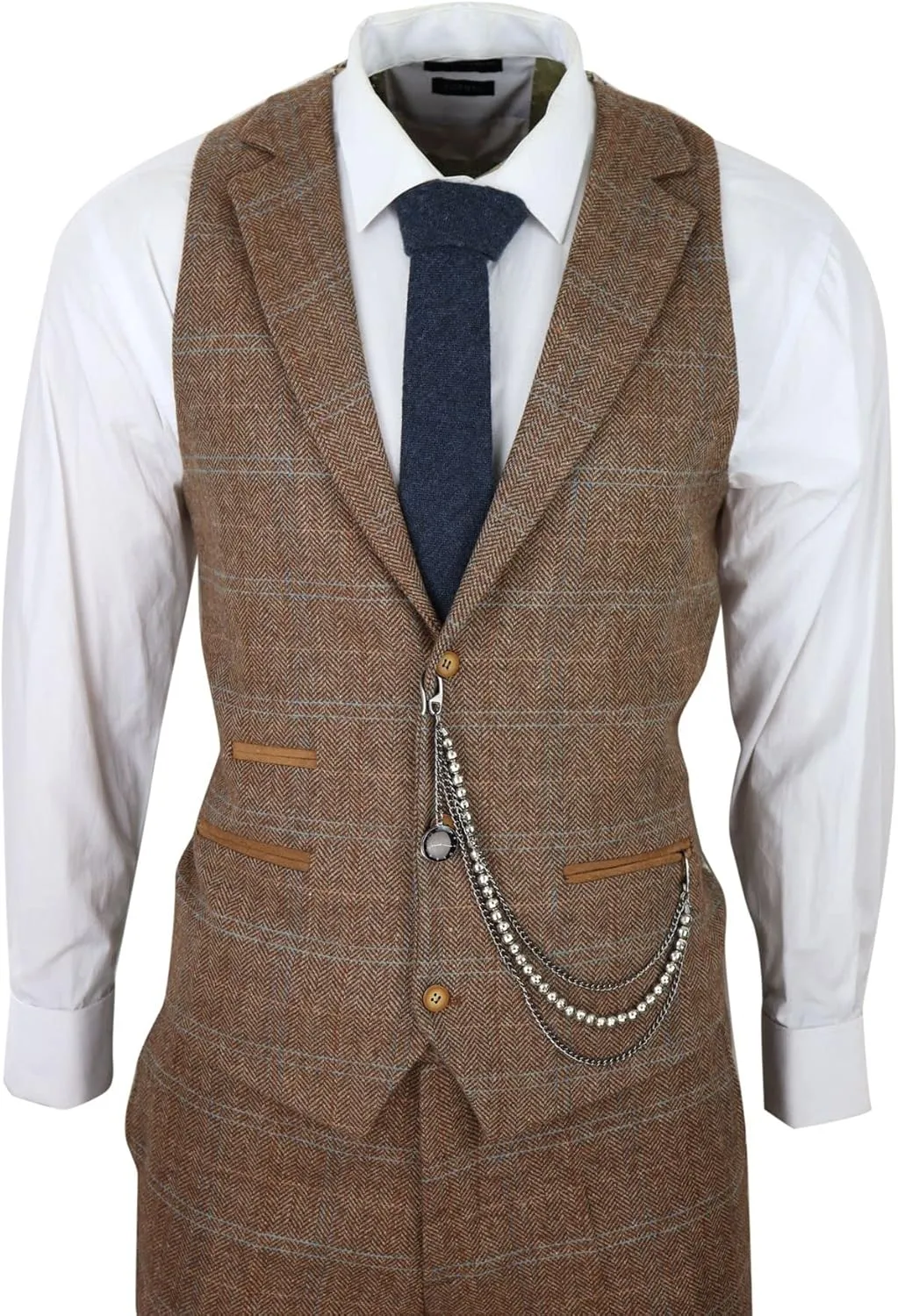 Men's 3 Piece Suit Wool Tweed Herringbone Tan Brown Blue Check 1920s Gatsby Formal Dress Suits