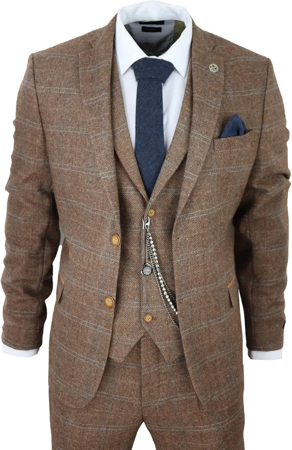 Men's 3 Piece Suit Wool Tweed Herringbone Tan Brown Blue Check 1920s Gatsby Formal Dress Suits