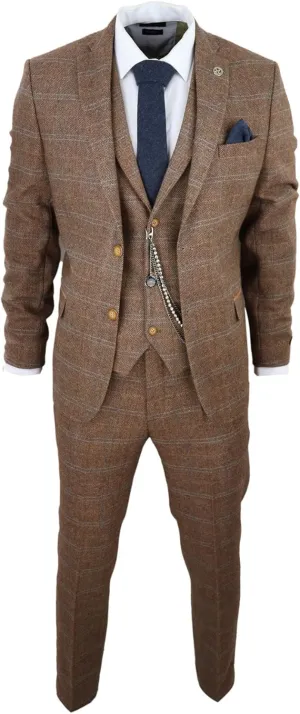 Men's 3 Piece Suit Wool Tweed Herringbone Tan Brown Blue Check 1920s Gatsby Formal Dress Suits