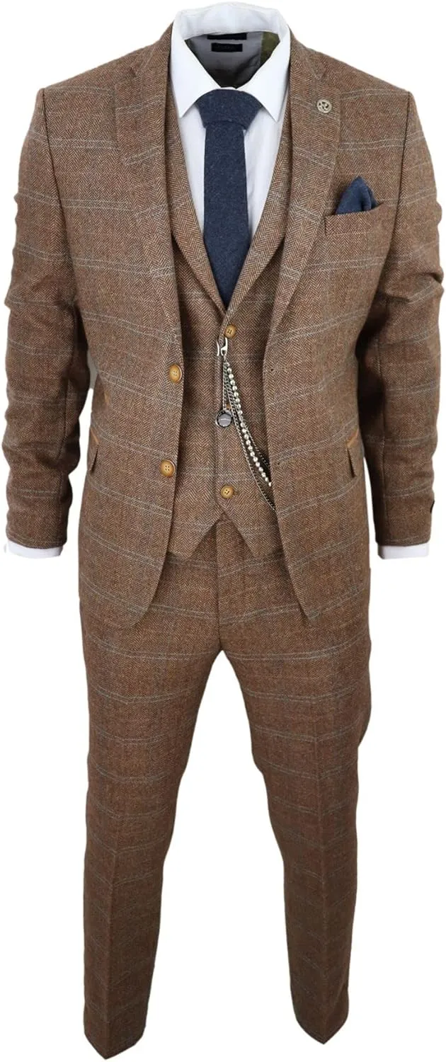 Men's 3 Piece Suit Wool Tweed Herringbone Tan Brown Blue Check 1920s Gatsby Formal Dress Suits