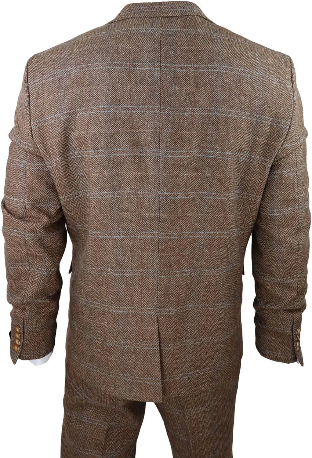 Men's 3 Piece Suit Wool Tweed Herringbone Tan Brown Blue Check 1920s Gatsby Formal Dress Suits