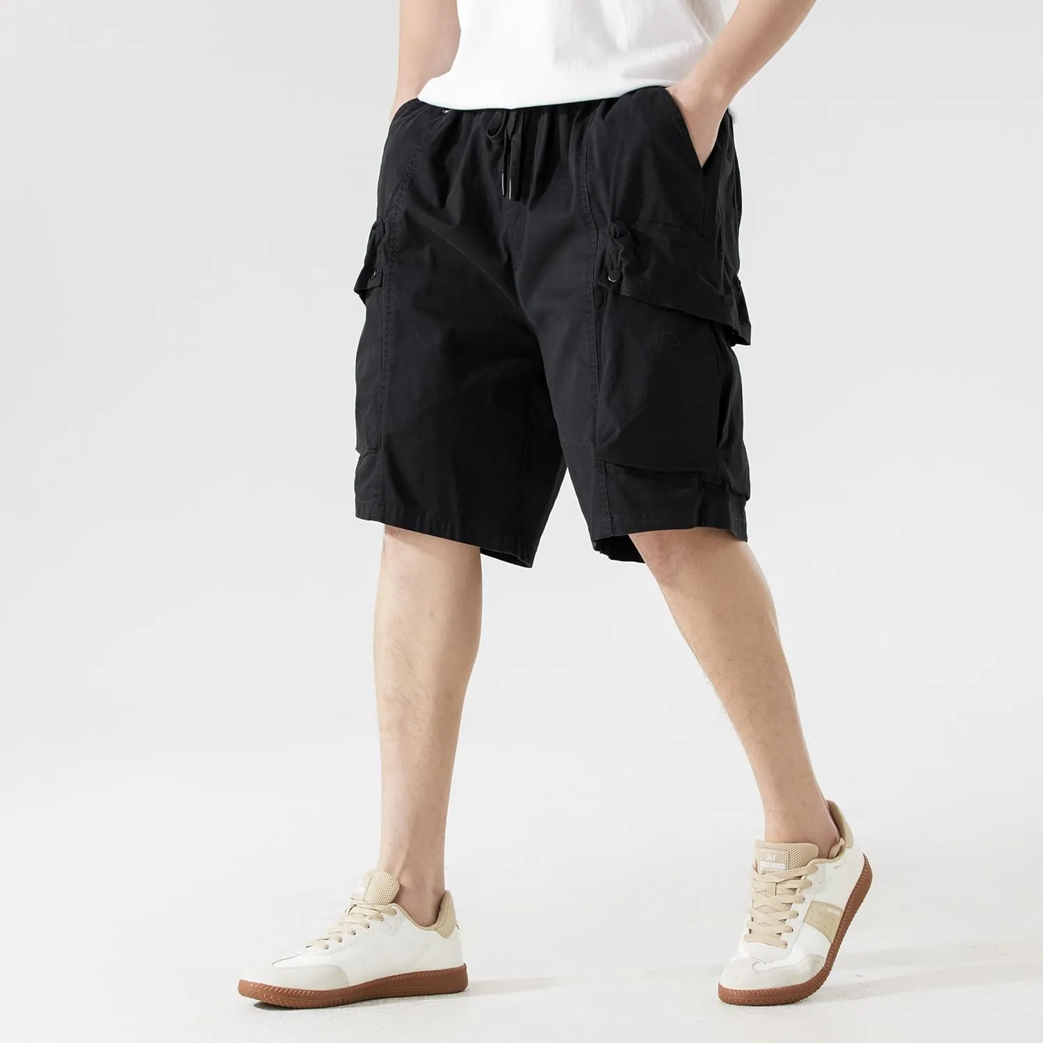 Men's Cargo Shorts Casual Work Shorts with Pockets, Elastic Waist & Drawstring, Relaxed Fit Cotton Utility