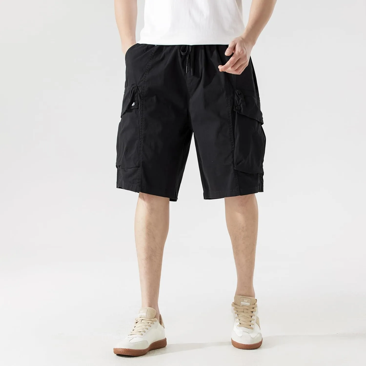 Men's Cargo Shorts Casual Work Shorts with Pockets, Elastic Waist & Drawstring, Relaxed Fit Cotton Utility