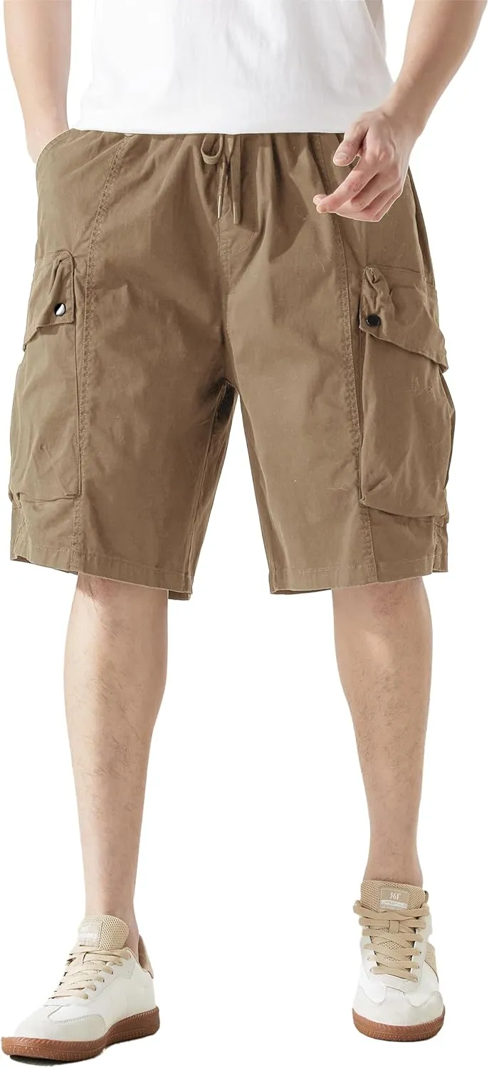 Men's Cargo Shorts Casual Work Shorts with Pockets, Elastic Waist & Drawstring, Relaxed Fit Cotton Utility