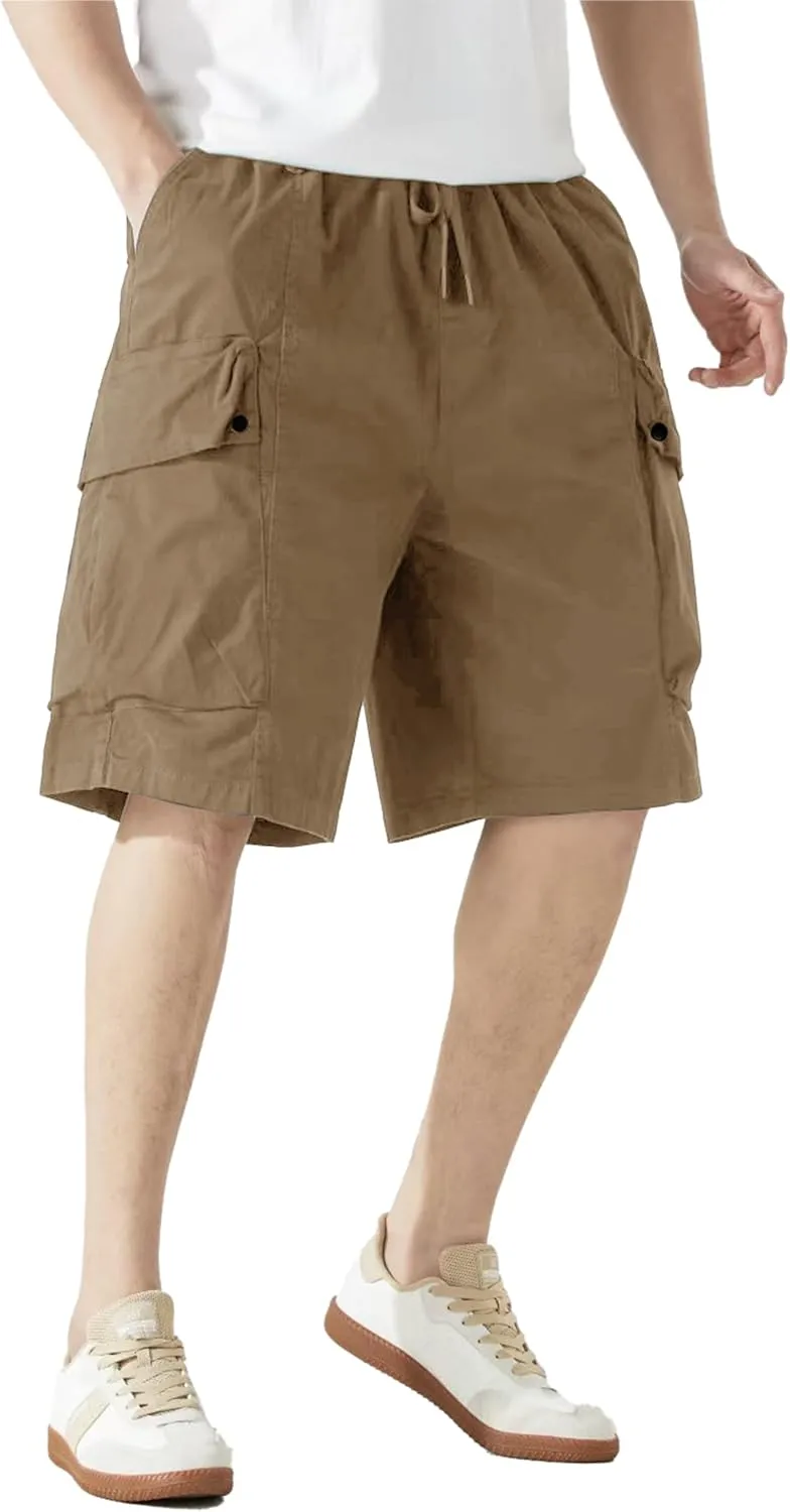 Men's Cargo Shorts Casual Work Shorts with Pockets, Elastic Waist & Drawstring, Relaxed Fit Cotton Utility