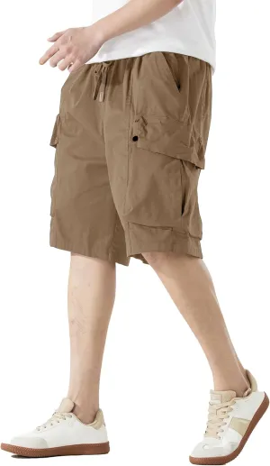 Men's Cargo Shorts Casual Work Shorts with Pockets, Elastic Waist & Drawstring, Relaxed Fit Cotton Utility