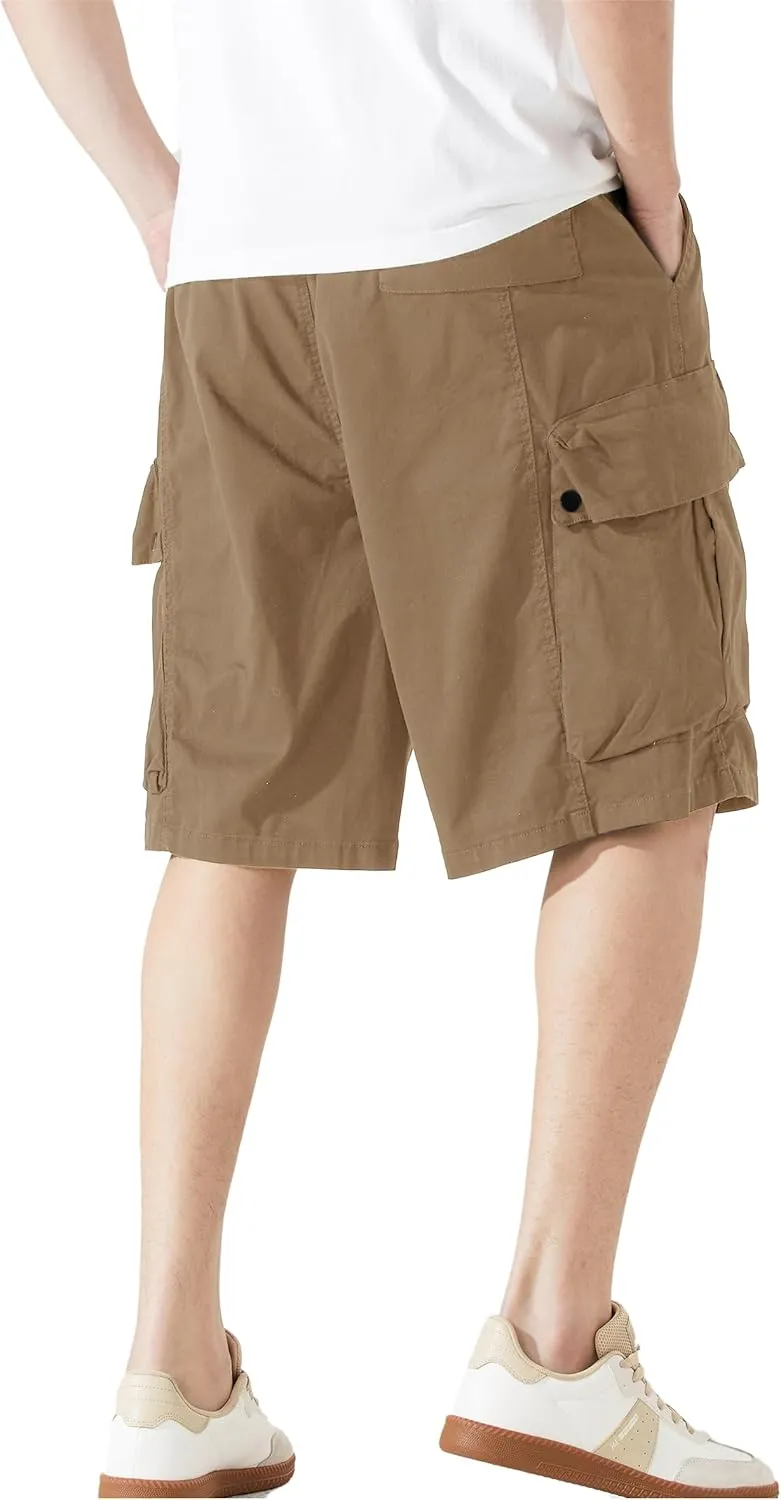 Men's Cargo Shorts Casual Work Shorts with Pockets, Elastic Waist & Drawstring, Relaxed Fit Cotton Utility