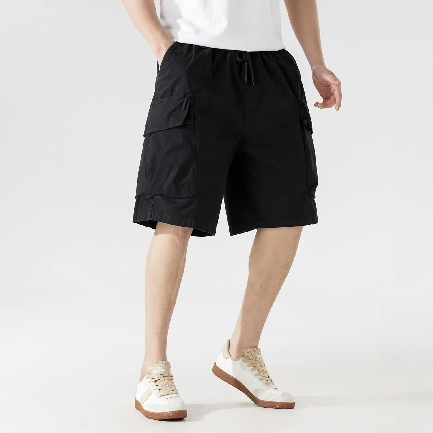 Men's Cargo Shorts Casual Work Shorts with Pockets, Elastic Waist & Drawstring, Relaxed Fit Cotton Utility