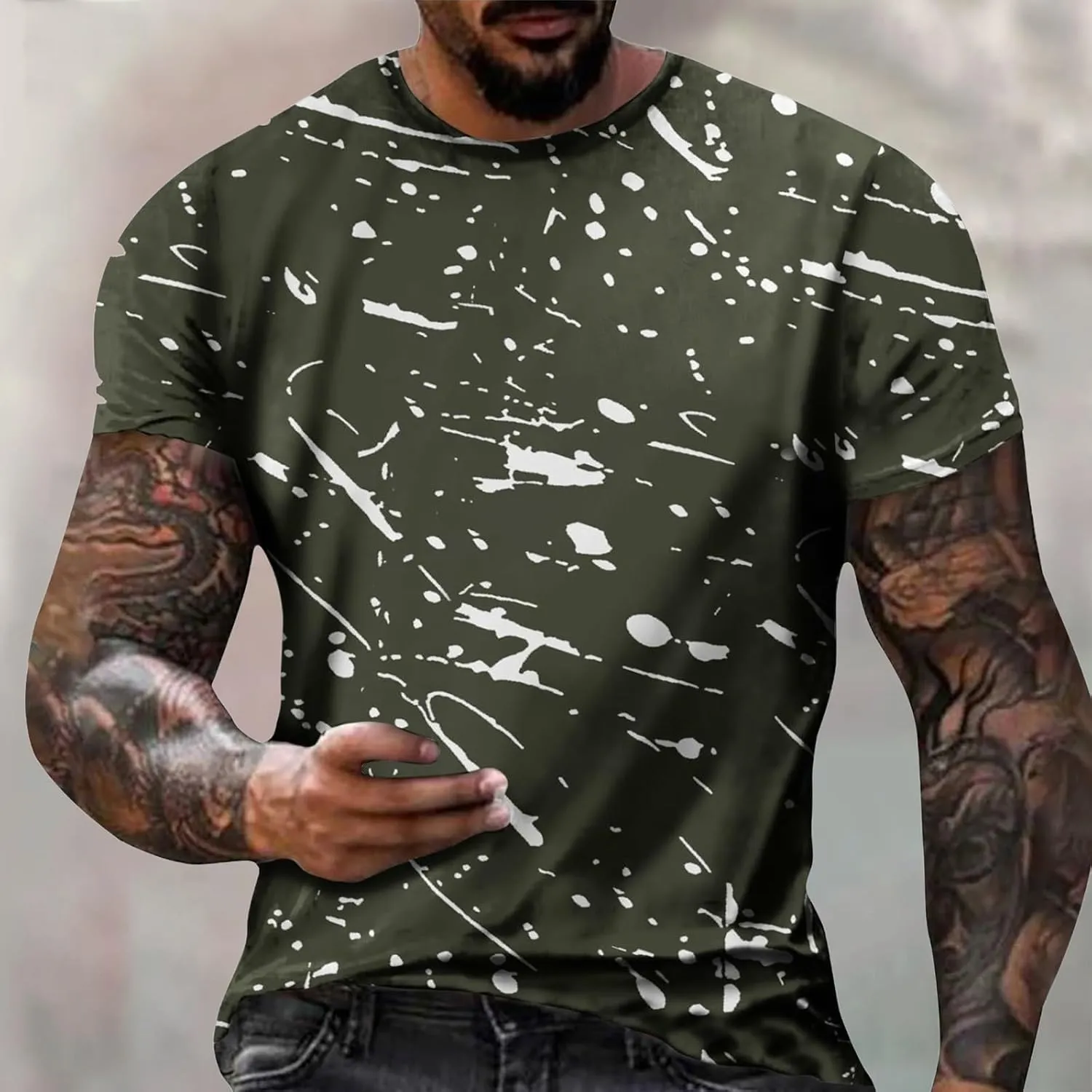 Men's Casual Printed T Shirt Crew Neck Short Sleeve Loose Fit Pullover Plus Size Breathable Sports Wear Stylish Summer Top