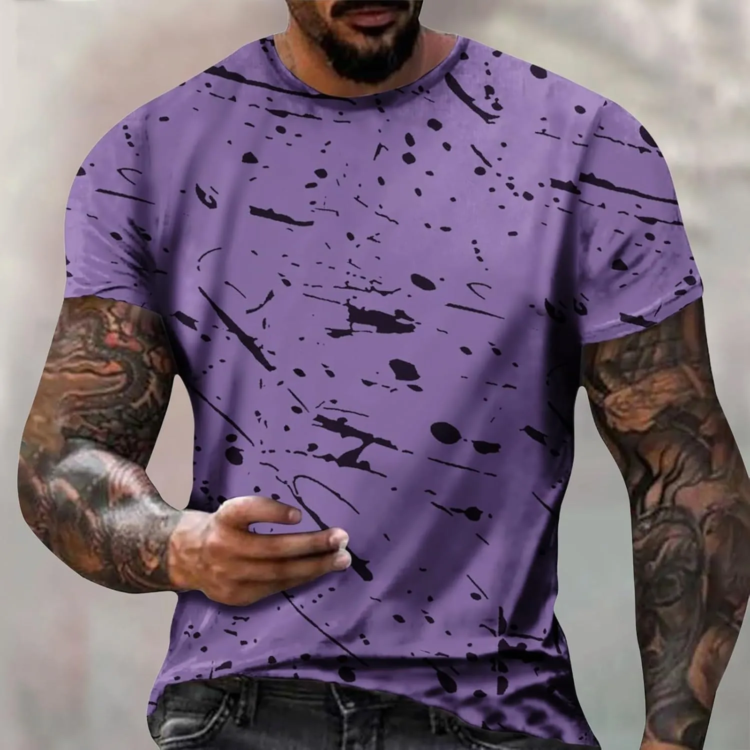 Men's Casual Printed T Shirt Crew Neck Short Sleeve Loose Fit Pullover Plus Size Breathable Sports Wear Stylish Summer Top