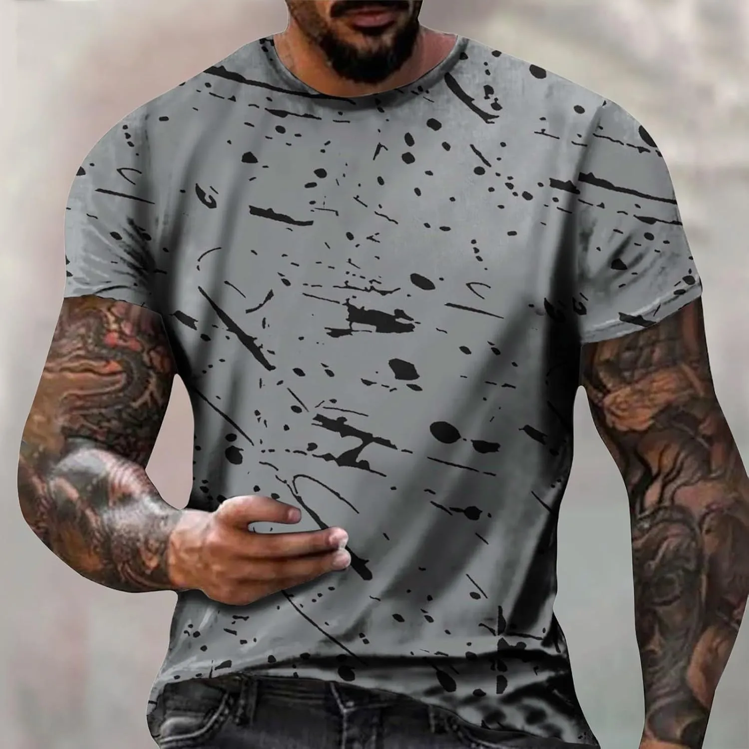 Men's Casual Printed T Shirt Crew Neck Short Sleeve Loose Fit Pullover Plus Size Breathable Sports Wear Stylish Summer Top