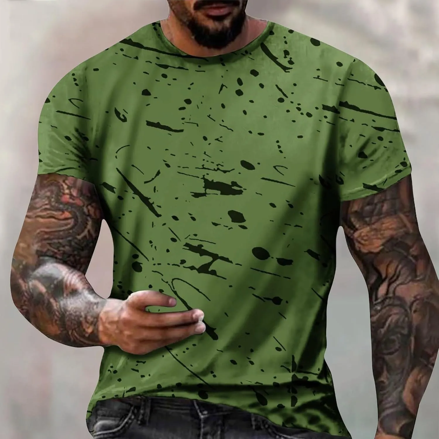 Men's Casual Printed T Shirt Crew Neck Short Sleeve Loose Fit Pullover Plus Size Breathable Sports Wear Stylish Summer Top
