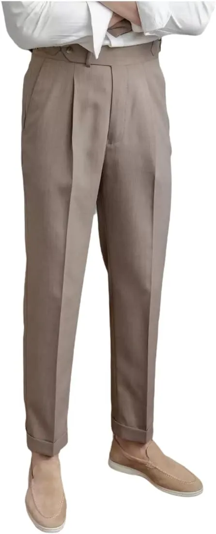 Men's Classic Pleated Dress Pants High-Waist Linen Blend Formal Business Slacks Light Breathable Casual for Summer