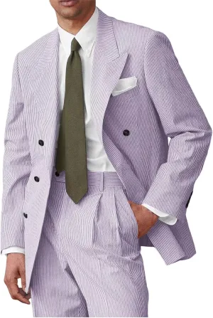 Men's Double Breated Seersucker Suit 2 Piece Seer Sucker Suit for Men Summer Beach Wedding Prom Suits Set