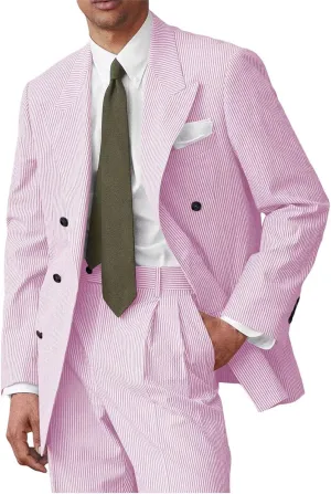 Men's Double Breated Seersucker Suit 2 Piece Seer Sucker Suit for Men Summer Beach Wedding Prom Suits Set
