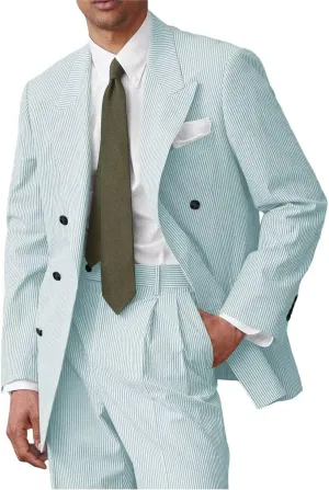 Men's Double Breated Seersucker Suit 2 Piece Seer Sucker Suit for Men Summer Beach Wedding Prom Suits Set