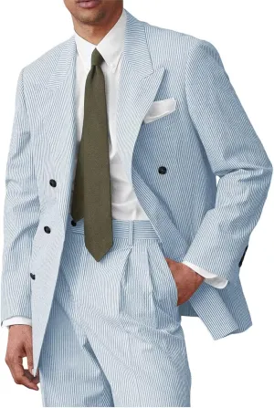 Men's Double Breated Seersucker Suit 2 Piece Seer Sucker Suit for Men Summer Beach Wedding Prom Suits Set
